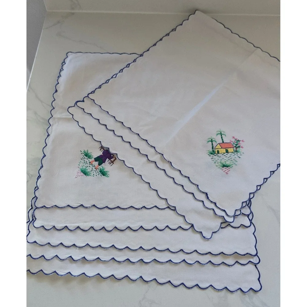 Vintage Hand Embroidered Napkins Scalloped Edge Set of 8 Folk Art Farm Scenes